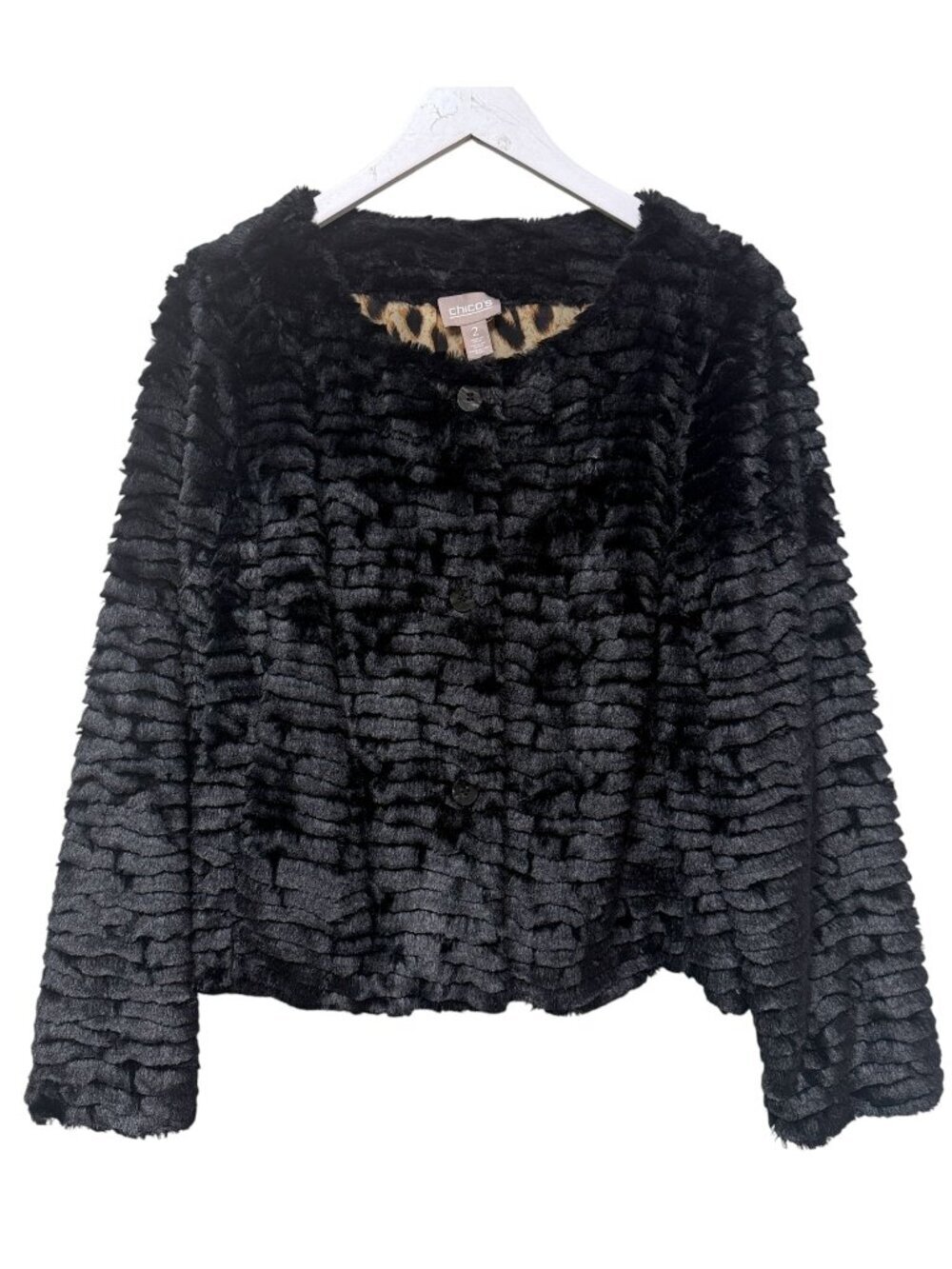 CHICOS Womens Faux Fur Jacket Large Black Evening Cropped Leopard Lined